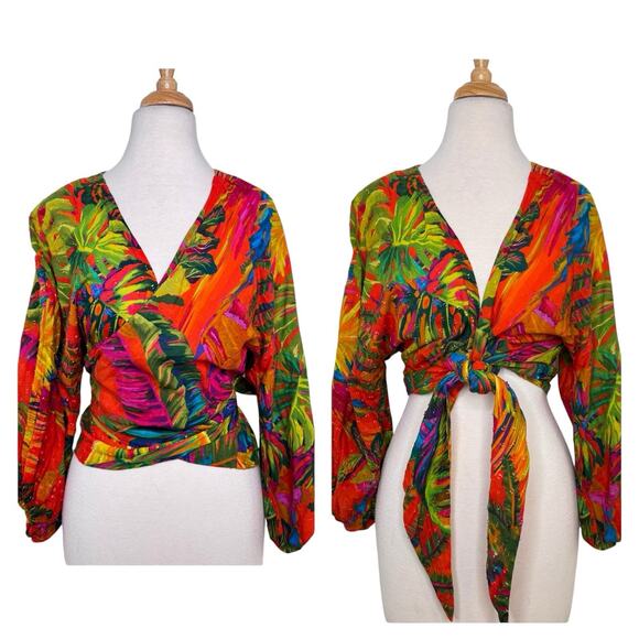 FARM Rio Tops - Farm Rio Womens Urgan Jungle Tie-Front Top Size M Colorful Tropical Resort Beach